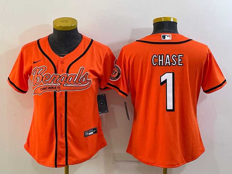 Womens Cincinnati Bengals #1 JaMarr Chase Orange With Patch Cool Base Stitched Baseball Jersey